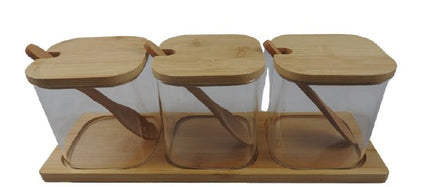 Frascos de Especias de Vidrio con Cuchara, Base y Tapa de Madera, Recipientes para Condimentos y Especias en Polvo, Organizador de Cocina